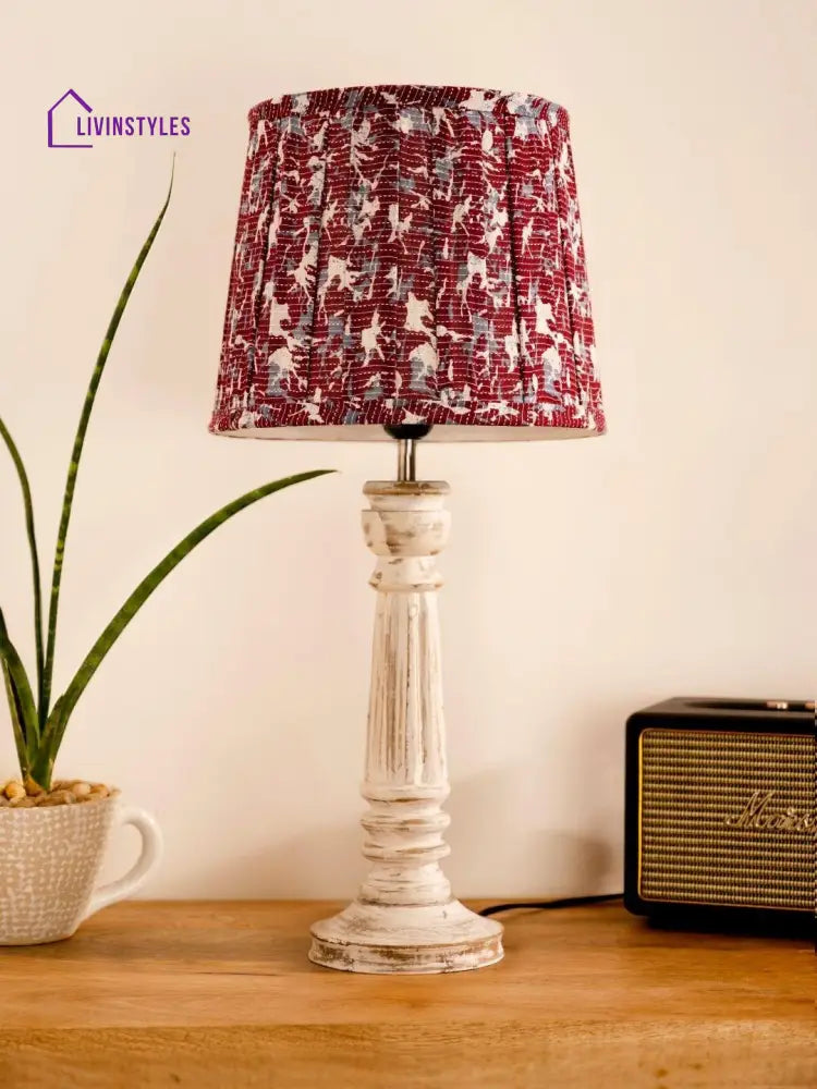 Wooden Pillar White Lamp With Pleeted Colorful Soft Shade