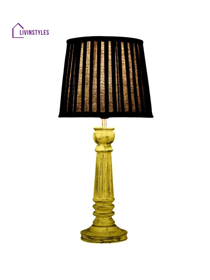 Wooden Pillar Yellow Lamp With Pleeted Black Soft Shade