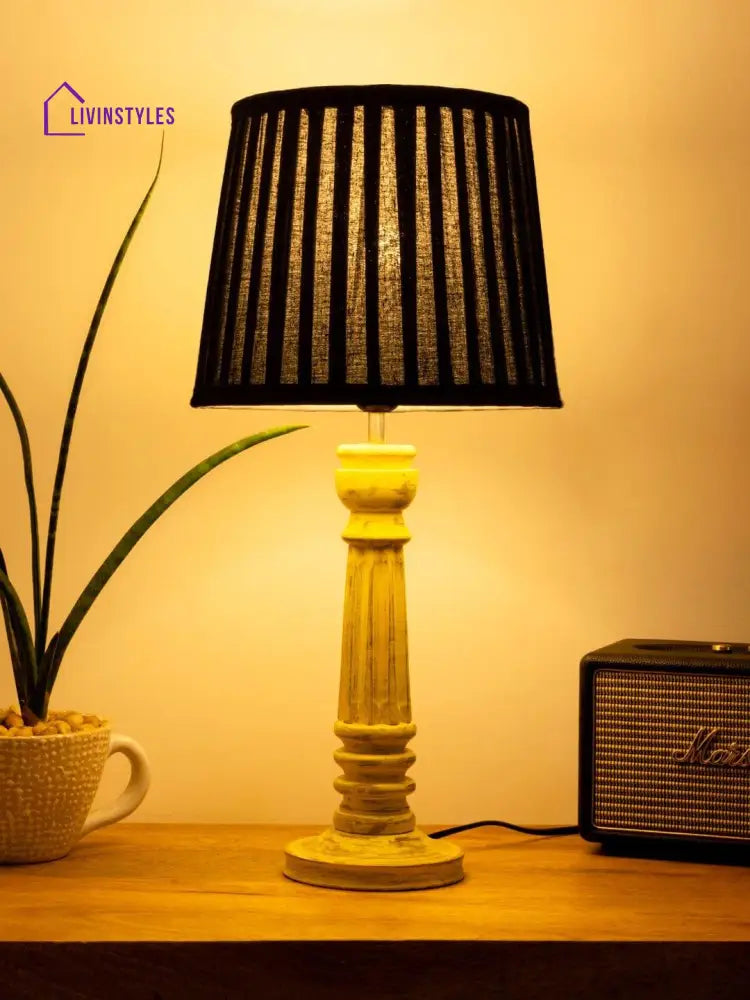 Wooden Pillar Yellow Lamp With Pleeted Black Soft Shade