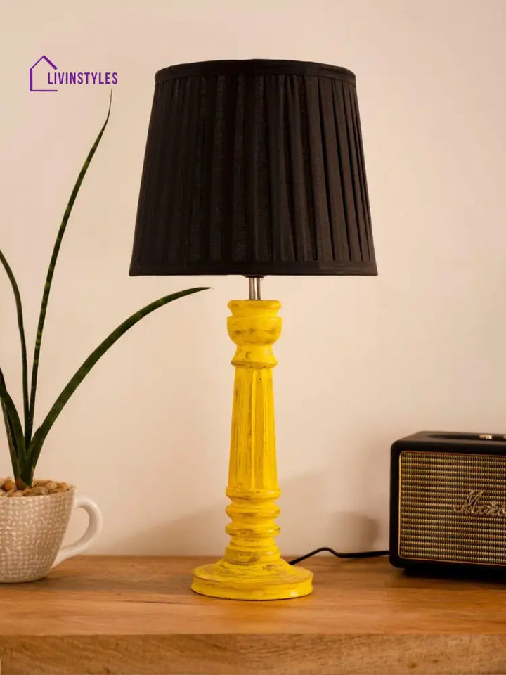 Wooden Pillar Yellow Lamp With Pleeted Black Soft Shade