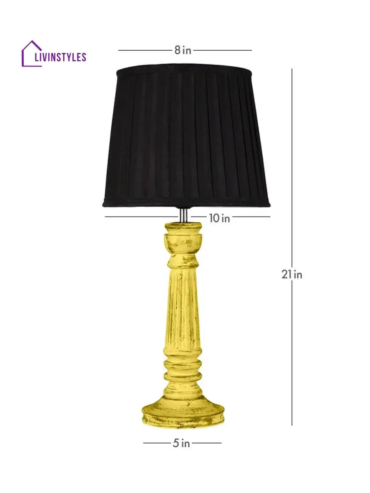 Wooden Pillar Yellow Lamp With Pleeted Black Soft Shade