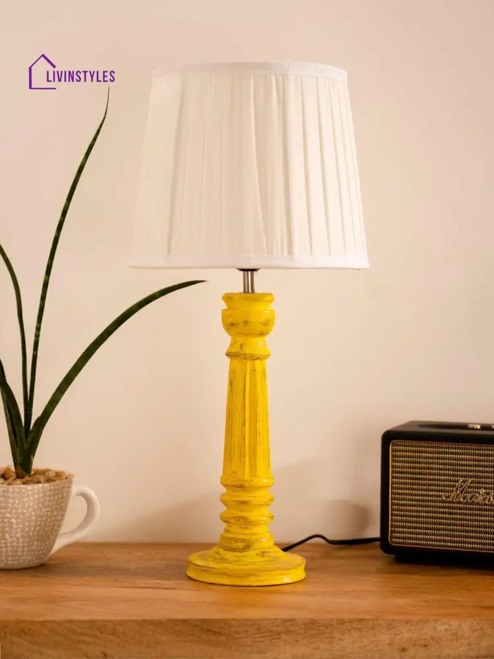 Wooden Pillar Yellow Lamp With Pleeted White Soft Shade