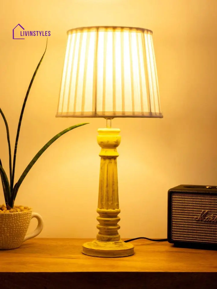 Wooden Pillar Yellow Lamp With Pleeted White Soft Shade