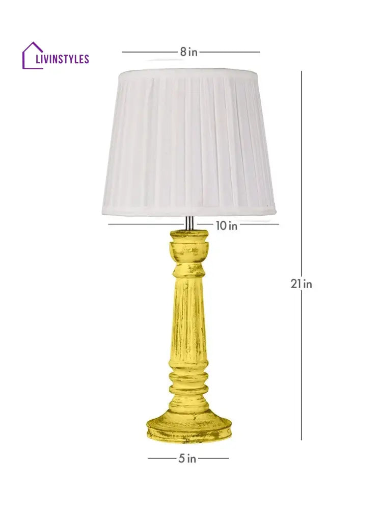 Wooden Pillar Yellow Lamp With Pleeted White Soft Shade