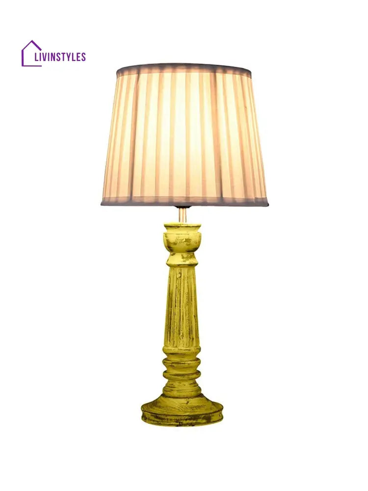 Wooden Pillar Yellow Lamp With Pleeted White Soft Shade