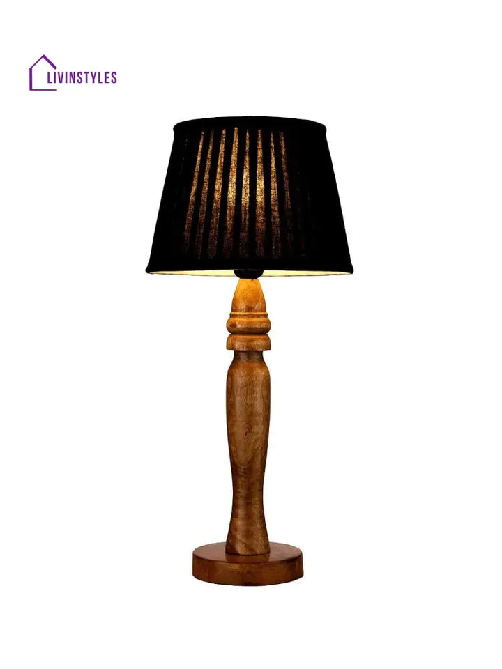 Wooden Round Brown Lamp With Pleeted Black Taper Soft Shade