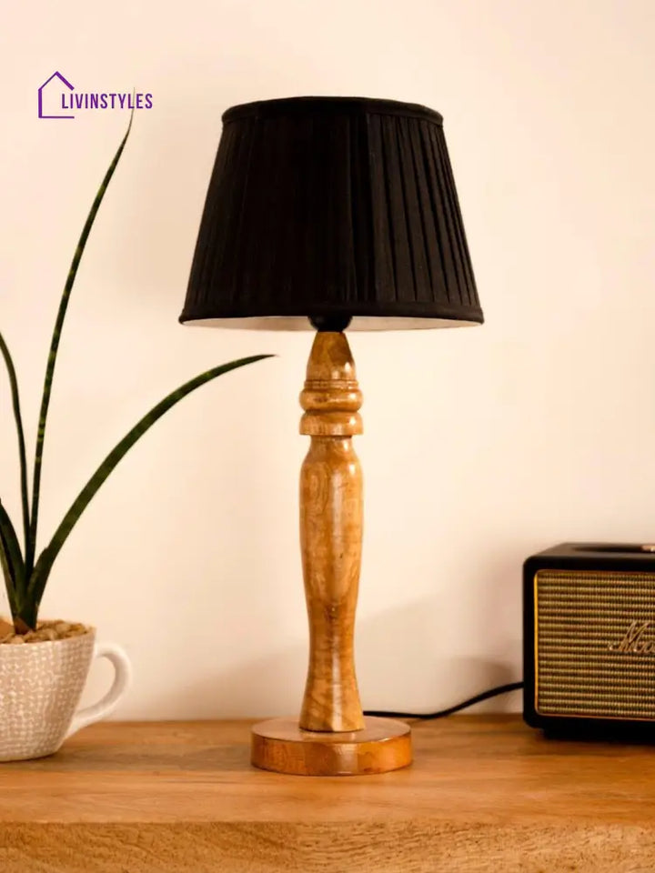 Wooden Round Brown Lamp With Pleeted Black Taper Soft Shade