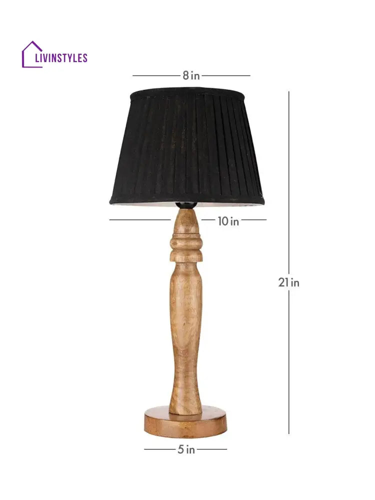 Wooden Round Brown Lamp With Pleeted Black Taper Soft Shade