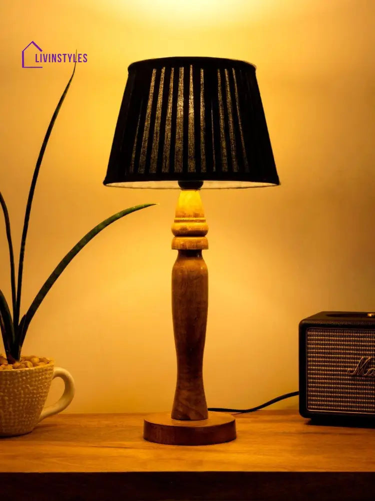 Wooden Round Brown Lamp With Pleeted Black Taper Soft Shade