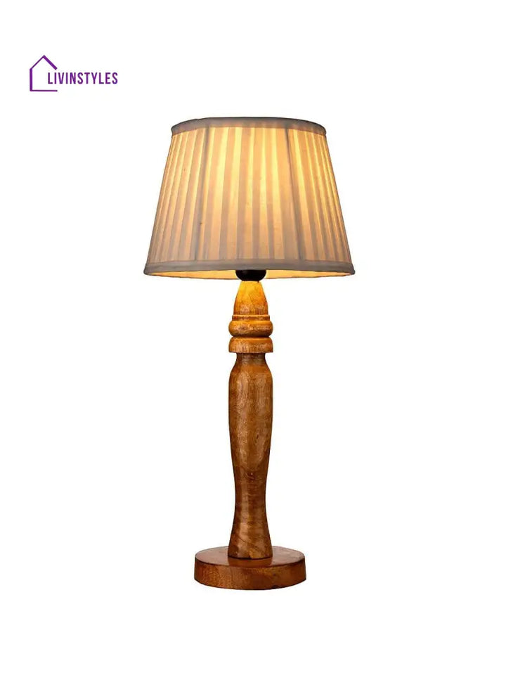 Wooden Round Brown Lamp With Pleeted White Taper Soft Shade