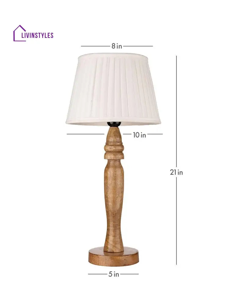 Wooden Round Brown Lamp With Pleeted White Taper Soft Shade