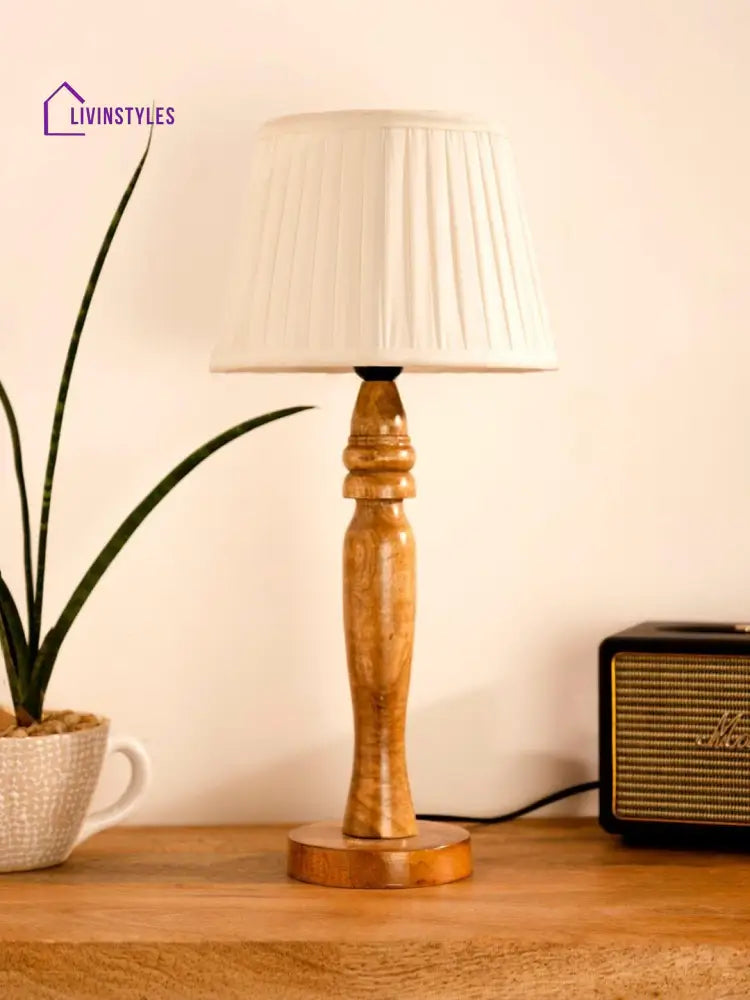 Wooden Round Brown Lamp With Pleeted White Taper Soft Shade