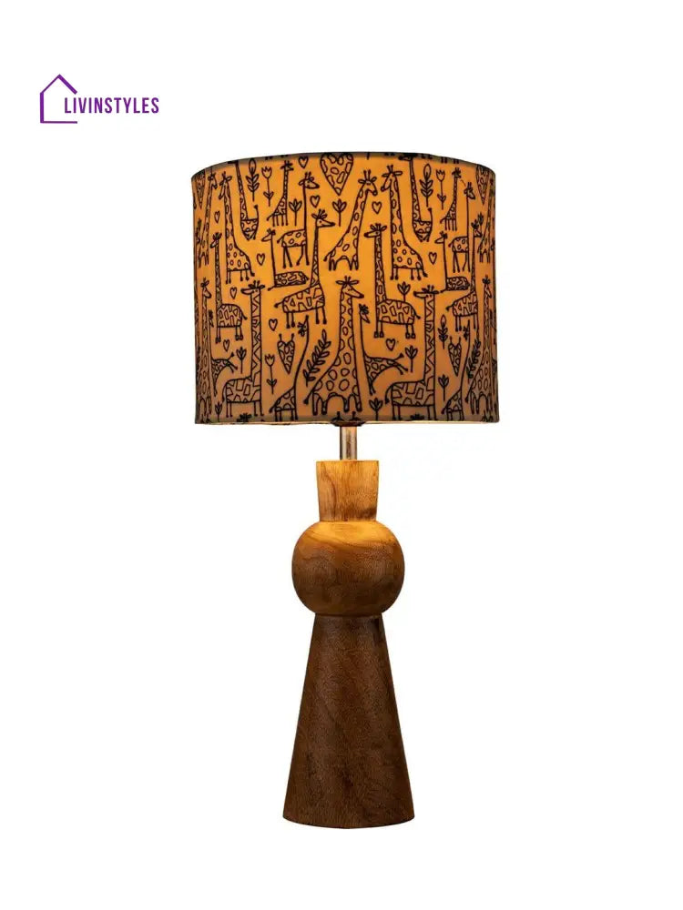 Wooden Skirt Lamp With Multicolor Animal Print Shade Table