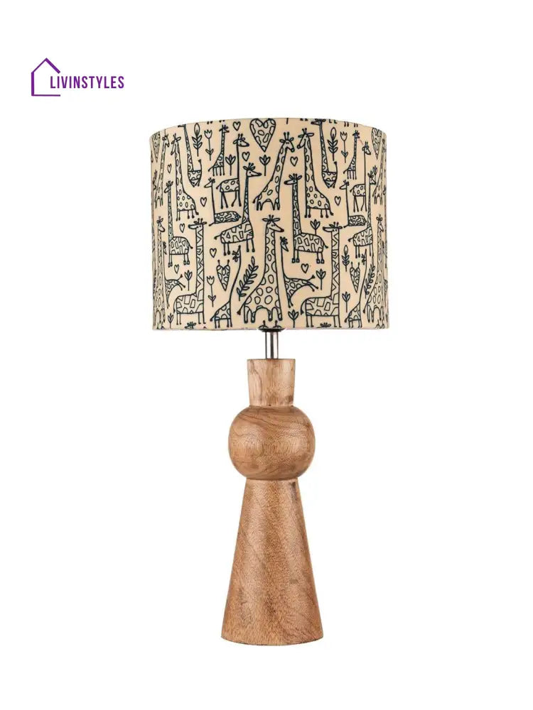 Wooden Skirt Lamp With Multicolor Animal Print Shade Table