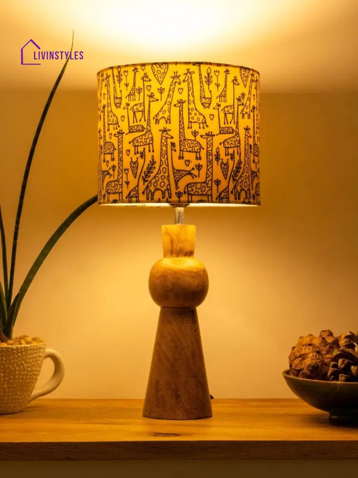 Wooden Skirt Lamp With Multicolor Animal Print Shade Table