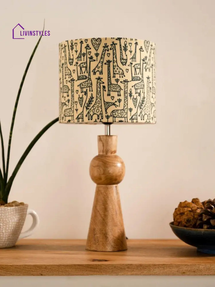 Wooden Skirt Lamp With Multicolor Animal Print Shade Table