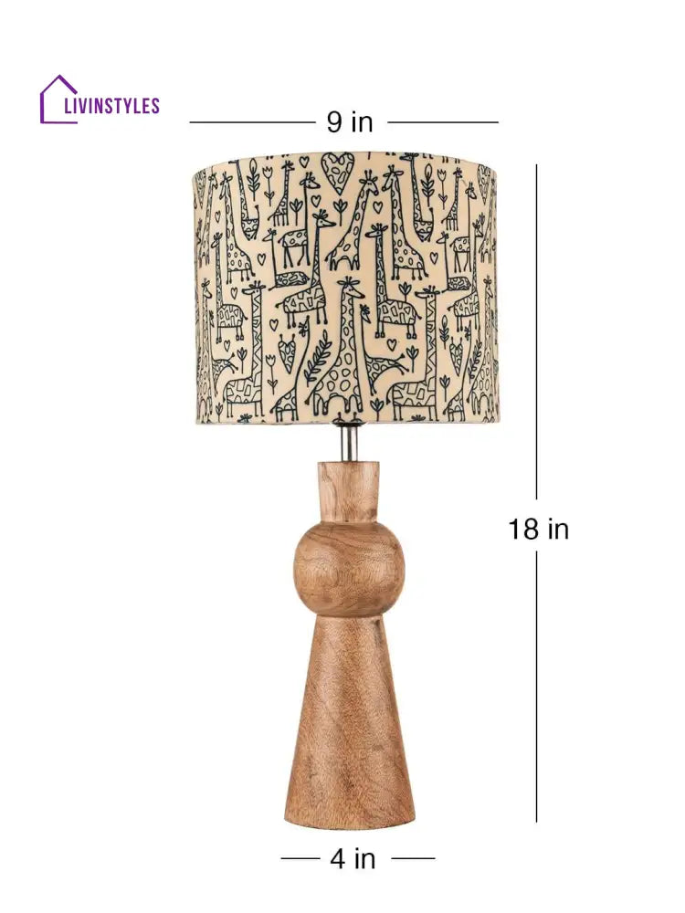 Wooden Skirt Lamp With Multicolor Animal Print Shade Table