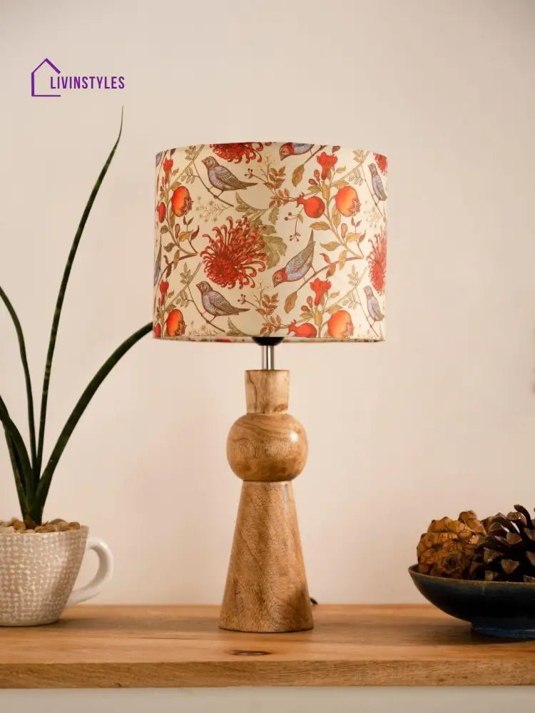 Wooden Skirt Lamp With Multicolor Birdy Shade Table