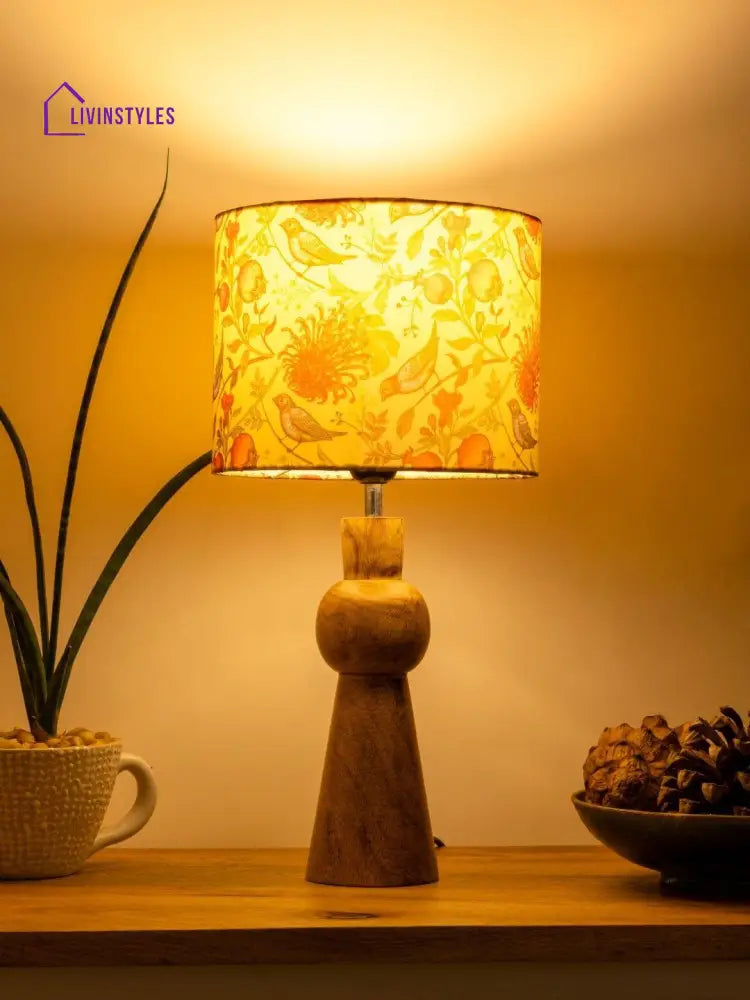 Wooden Skirt Lamp With Multicolor Birdy Shade Table