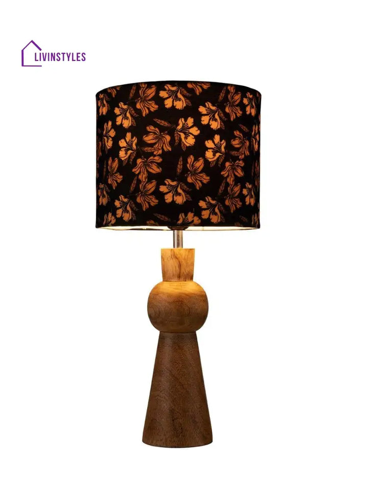 Wooden Skirt Lamp With Multicolor Black Floral Shade Table