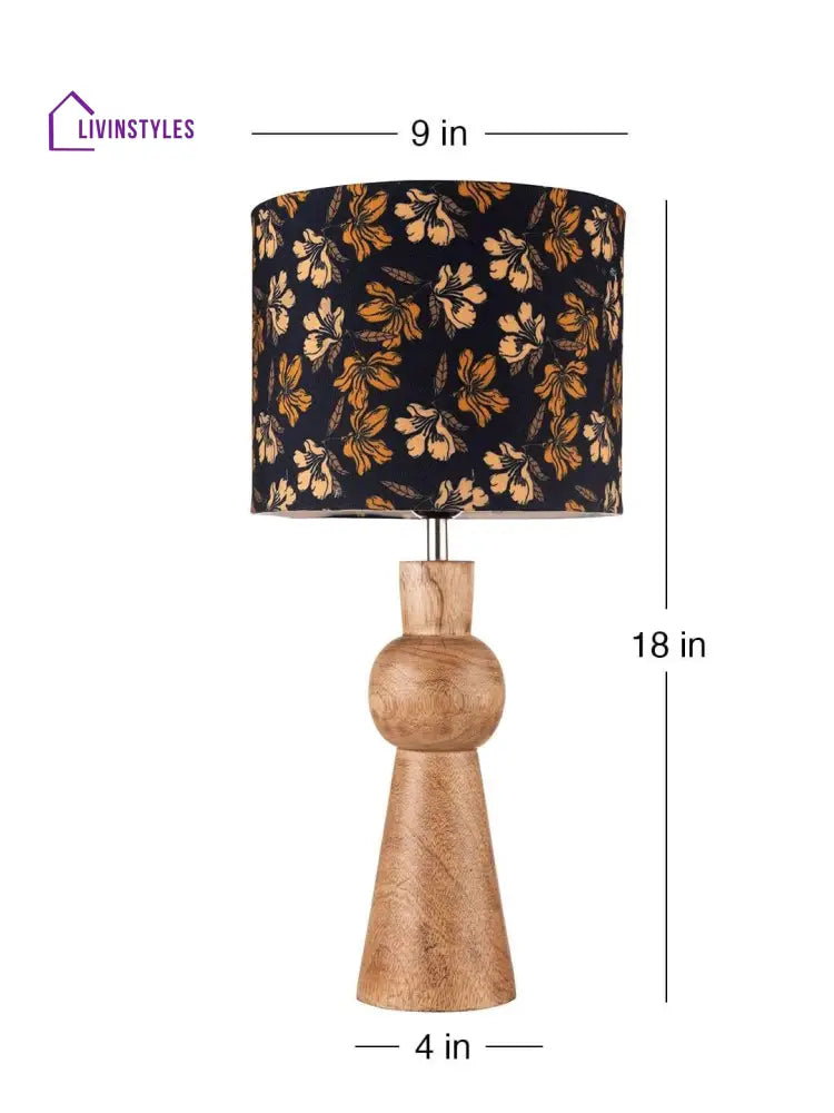 Wooden Skirt Lamp With Multicolor Black Floral Shade Table