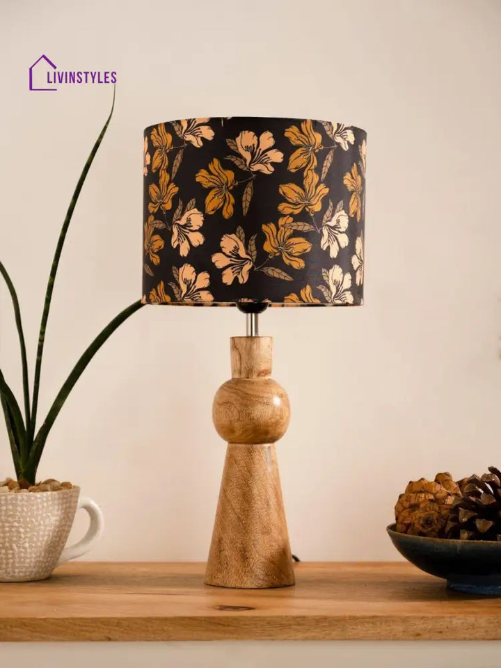 Wooden Skirt Lamp With Multicolor Black Floral Shade Table