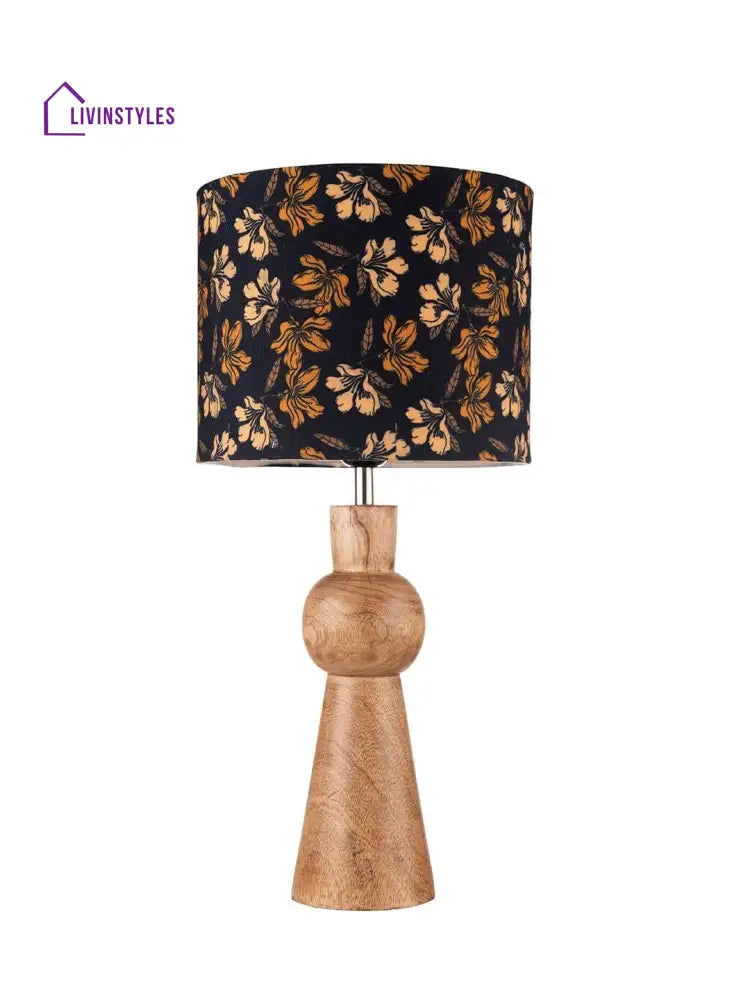 Wooden Skirt Lamp With Multicolor Black Floral Shade Table