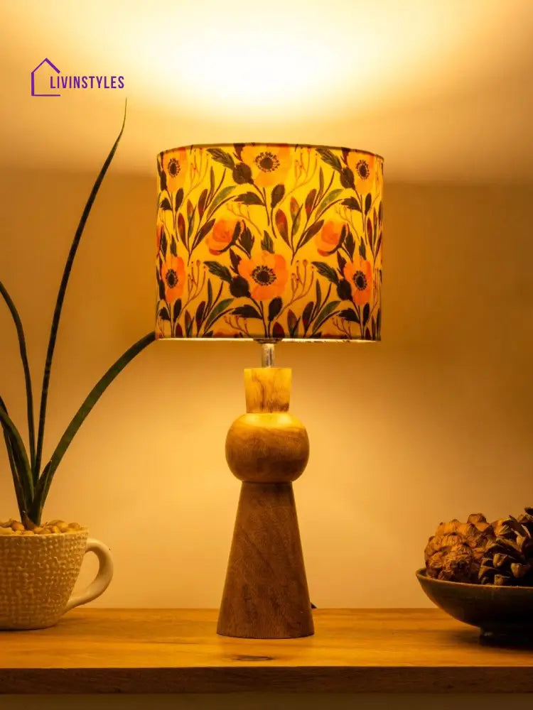 Wooden Skirt Lamp With Multicolor Pink Flowers Shade Table