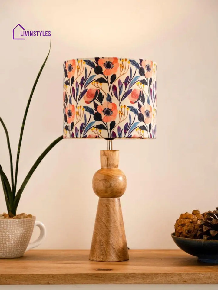 Wooden Skirt Lamp With Multicolor Pink Flowers Shade Table