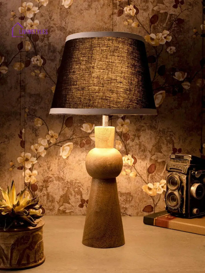 Wooden Skirt Lamp With White Black Shade Table