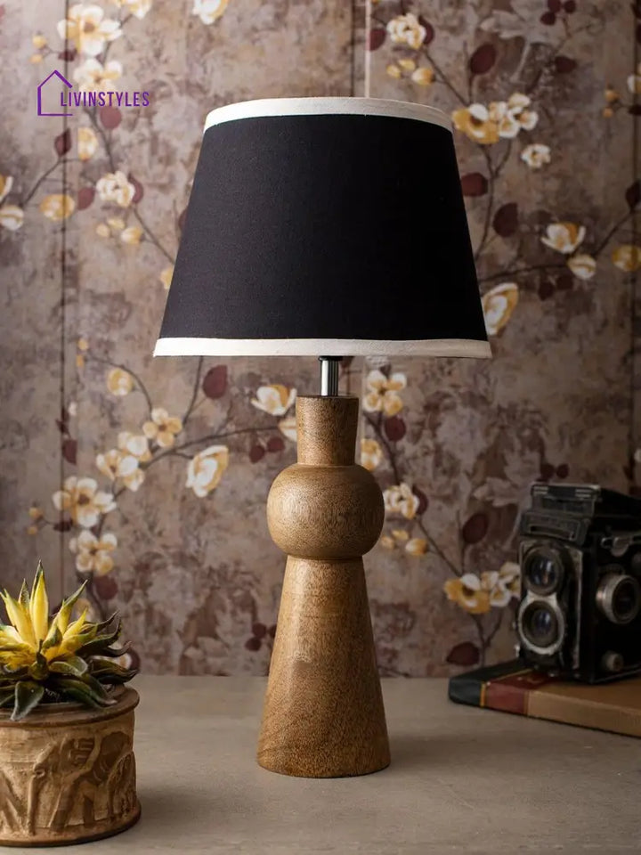 Wooden Skirt Lamp With White Black Shade Table