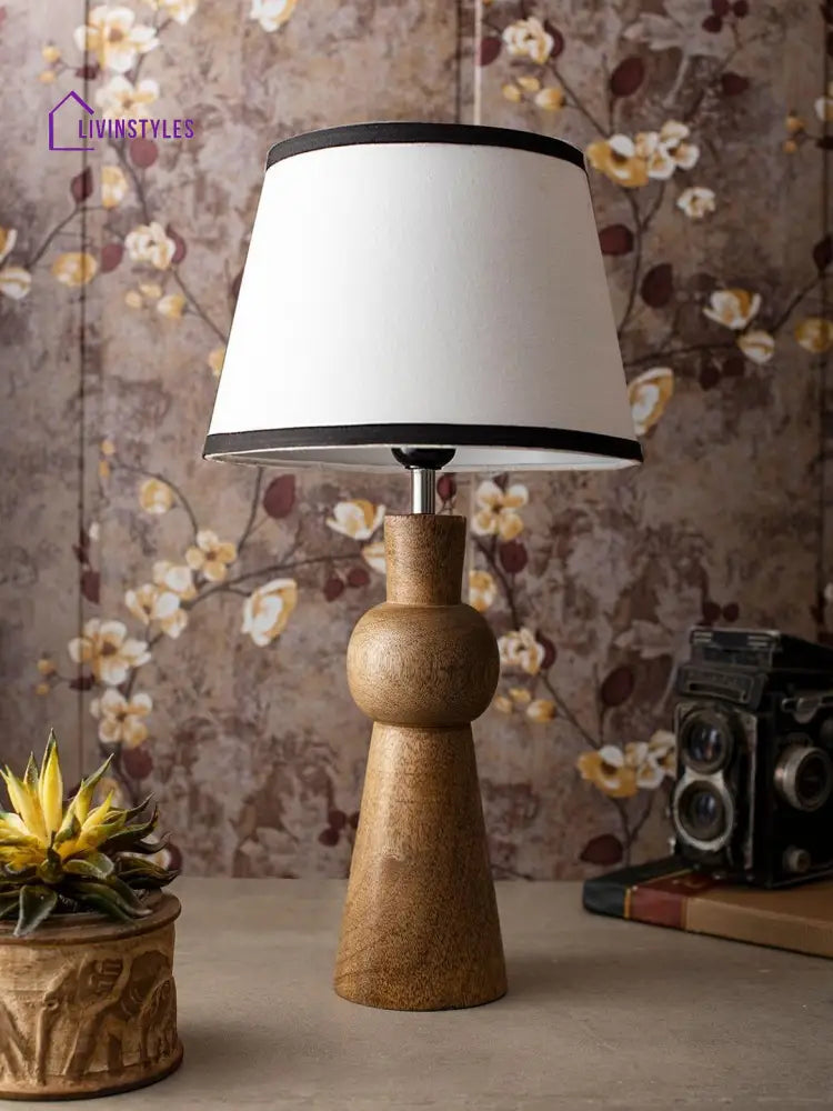 Wooden Skirt Lamp With White Cotton Shade Table