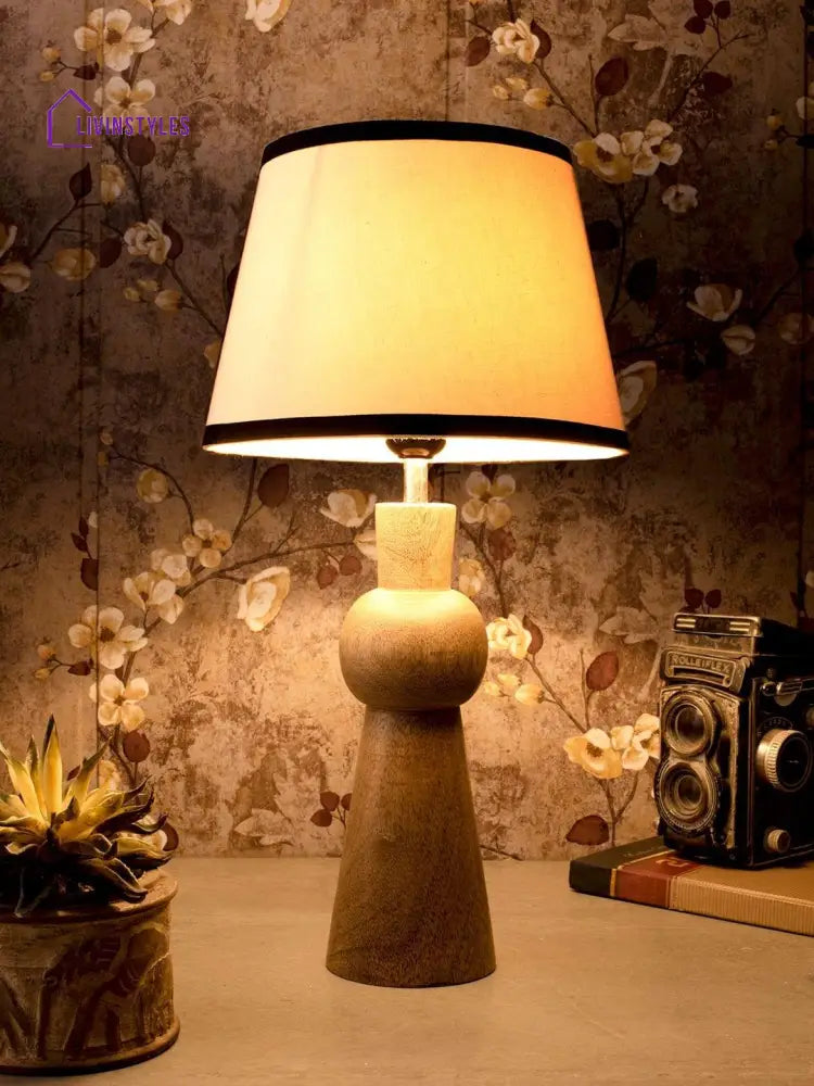 Wooden Skirt Lamp With White Cotton Shade Table