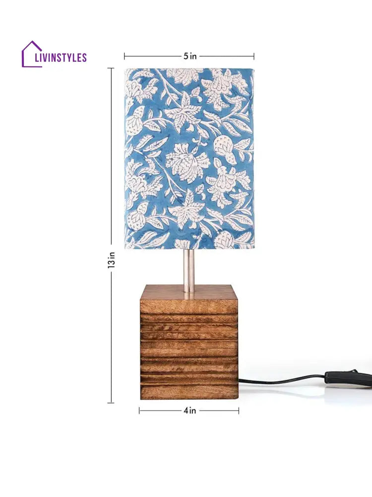 Wooden Stripped Cube Lamp With Colorful Blue Shade Table