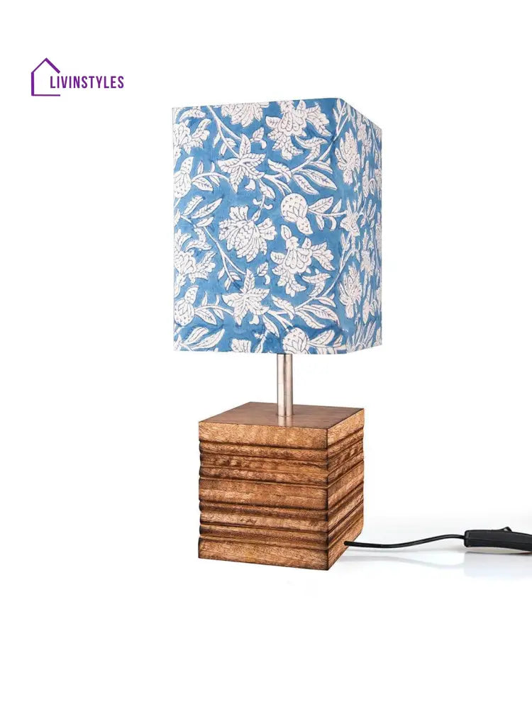 Wooden Stripped Cube Lamp With Colorful Blue Shade Table