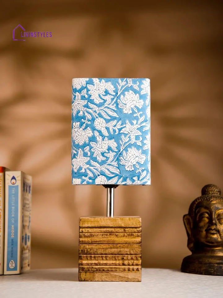 Wooden Stripped Cube Lamp With Colorful Blue Shade Table