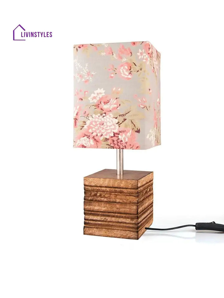 Wooden Stripped Cube Lamp With Colorful Grey Shade Table