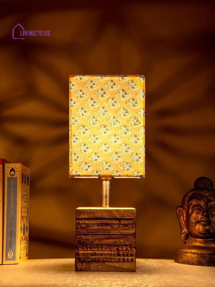 Wooden Stripped Cube Lamp With Colorful Yellow Shade Table