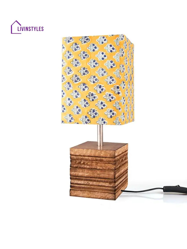 Wooden Stripped Cube Lamp With Colorful Yellow Shade Table