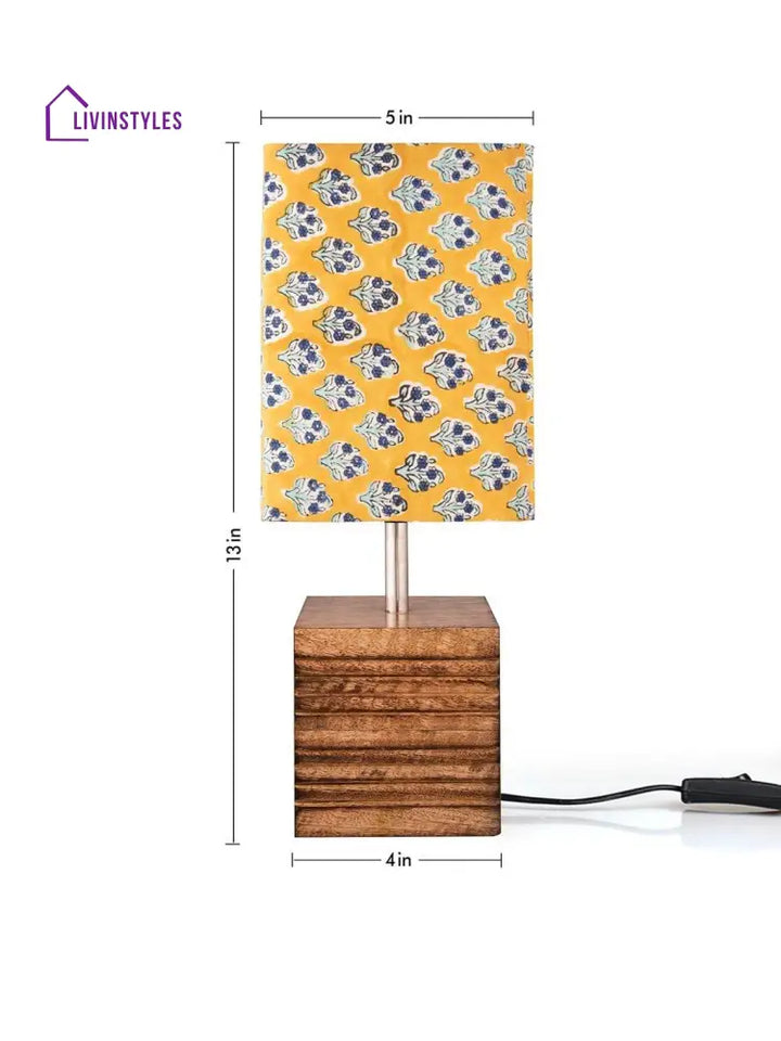 Wooden Stripped Cube Lamp With Colorful Yellow Shade Table