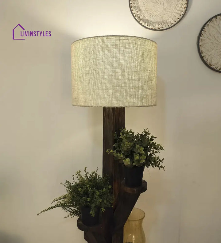 Woods Wooden Floor Lamp With Brown Base And Jute Fabric Lampshade Lamps