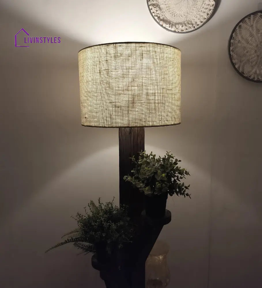 Woods Wooden Floor Lamp With Brown Base And Jute Fabric Lampshade Lamps