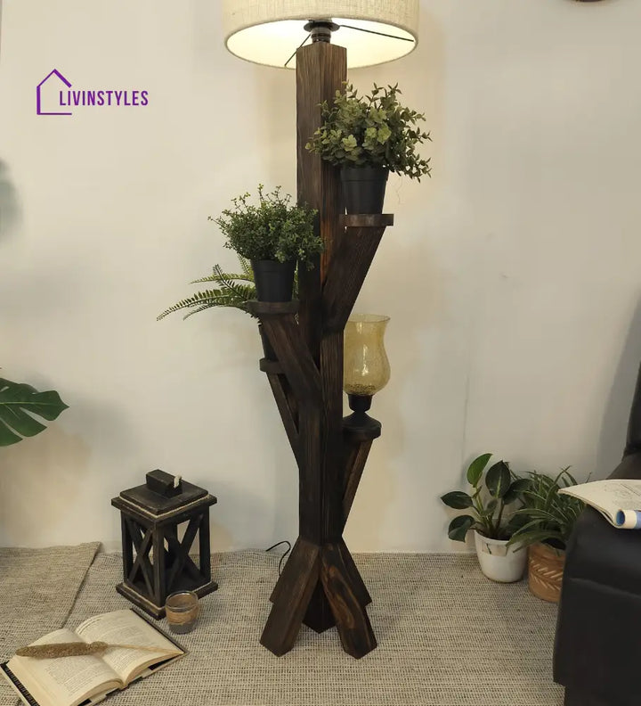 Woods Wooden Floor Lamp With Brown Base And Jute Fabric Lampshade Lamps