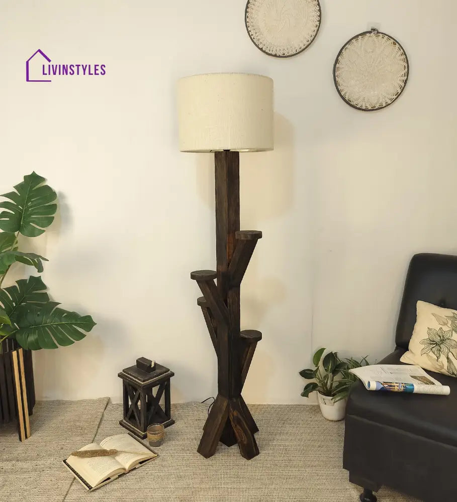 Woods Wooden Floor Lamp With Brown Base And Jute Fabric Lampshade Lamps