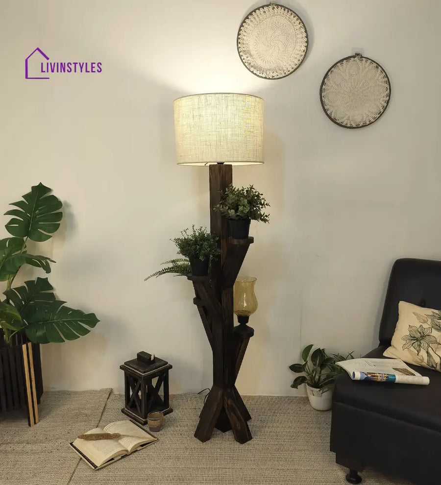 Woods Wooden Floor Lamp With Brown Base And Jute Fabric Lampshade Lamps