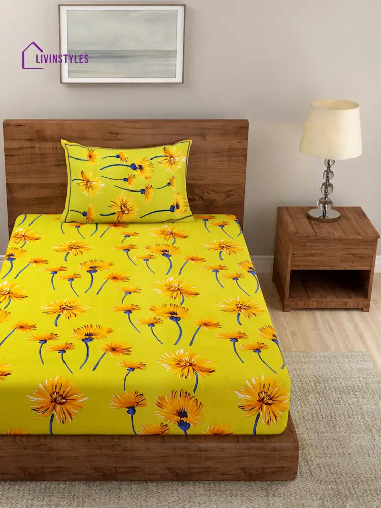 Yellow Color Floral Print Cotton Single Bed Sheet With 1 Pillow Cover Sheet