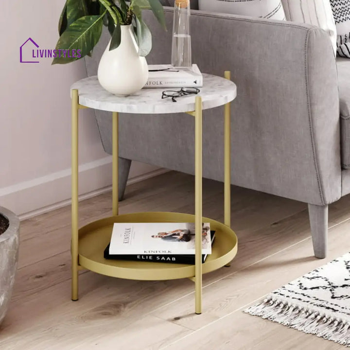 Yorkshire Modern Luxurious Round Marble Side Table In Gold Color