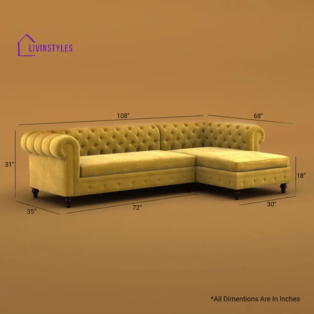 Yuvika L Shaped Sofa (Velvet Mustard Yellow)