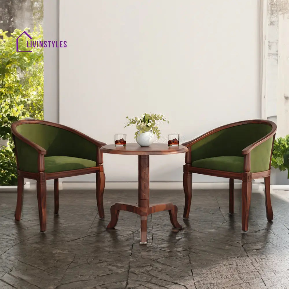 Yuvika Sheesham Wood Balcony Set | 2 Chairs And 1 Table - Green Colour Fabric