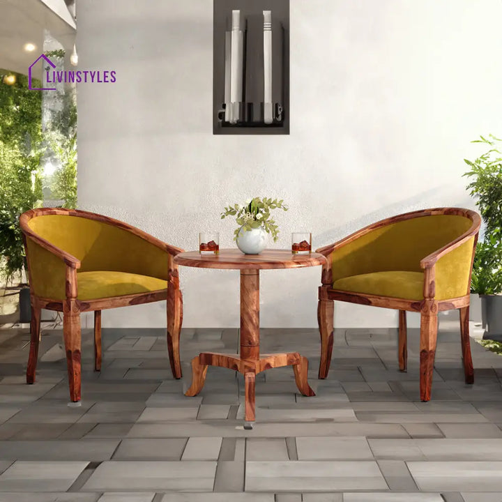 Yuvika Sheesham Wood Balcony Set | 2 Chairs And 1 Table - Yellow Colour Fabric Honey Finish